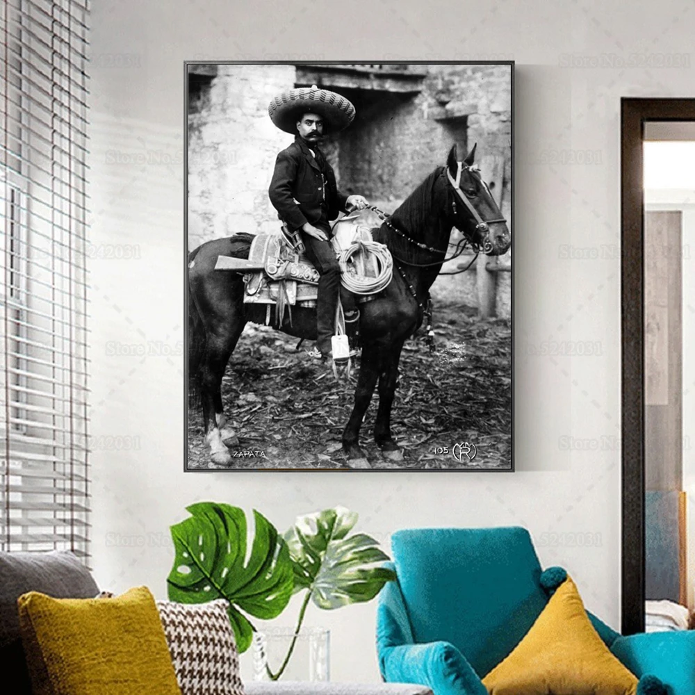 Emiliano Zapata on Horseback Print Poster Mexican Revolutionary Leading Figure Vintage Canvas Painting Wall Art Decor