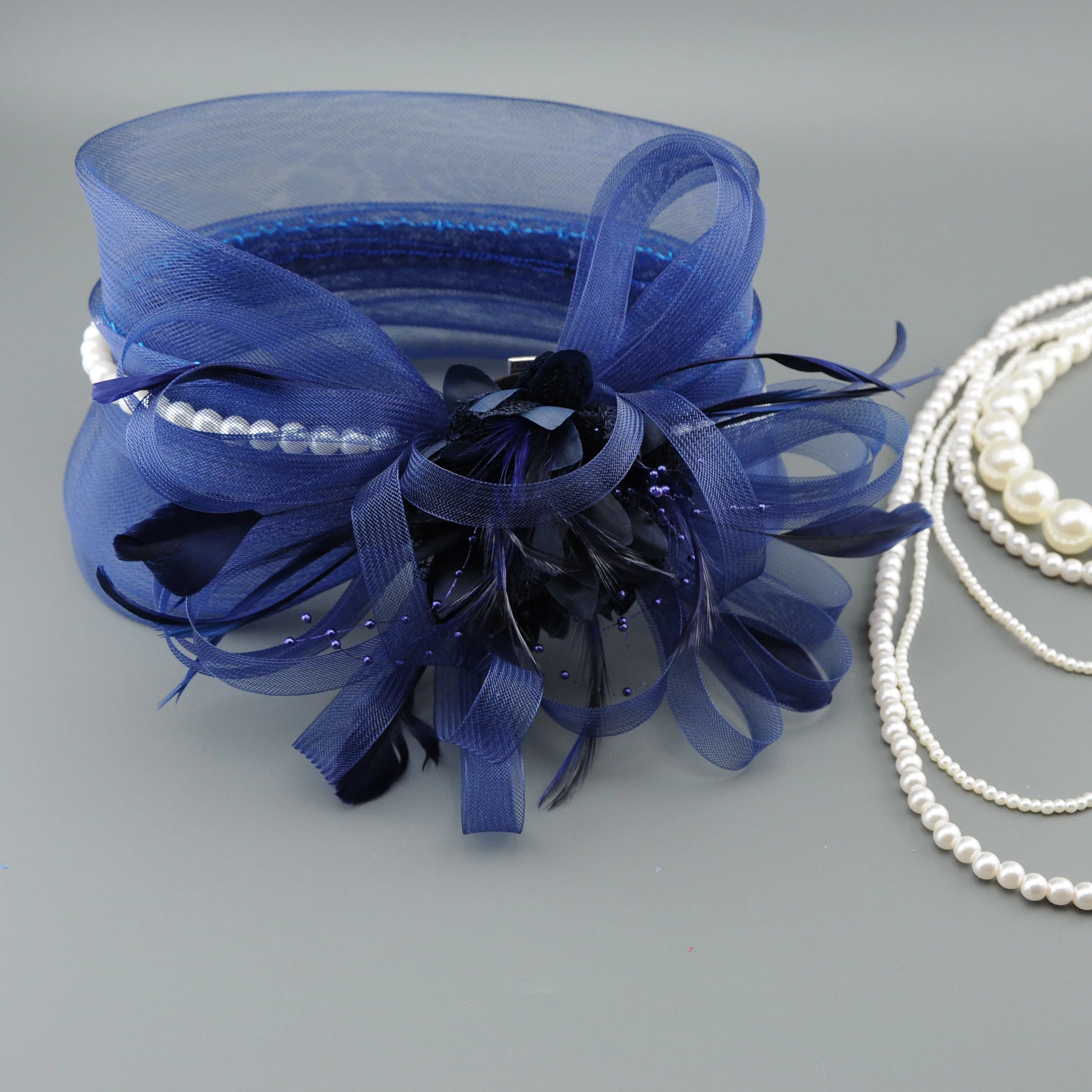 Women Royal Blue Mesh Feather Pearl Fascinator Hat, Elegant Ladies Cocktail Tea Party Wedding Derby Headwear Formal Dress Hair A view 6