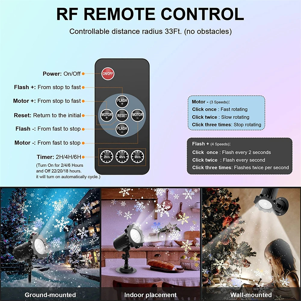 Christmas Snowstorm LED Projection Lamp Holiday Snowflake Projector Light Remote Control and Timing for Wedding Home Party Decor