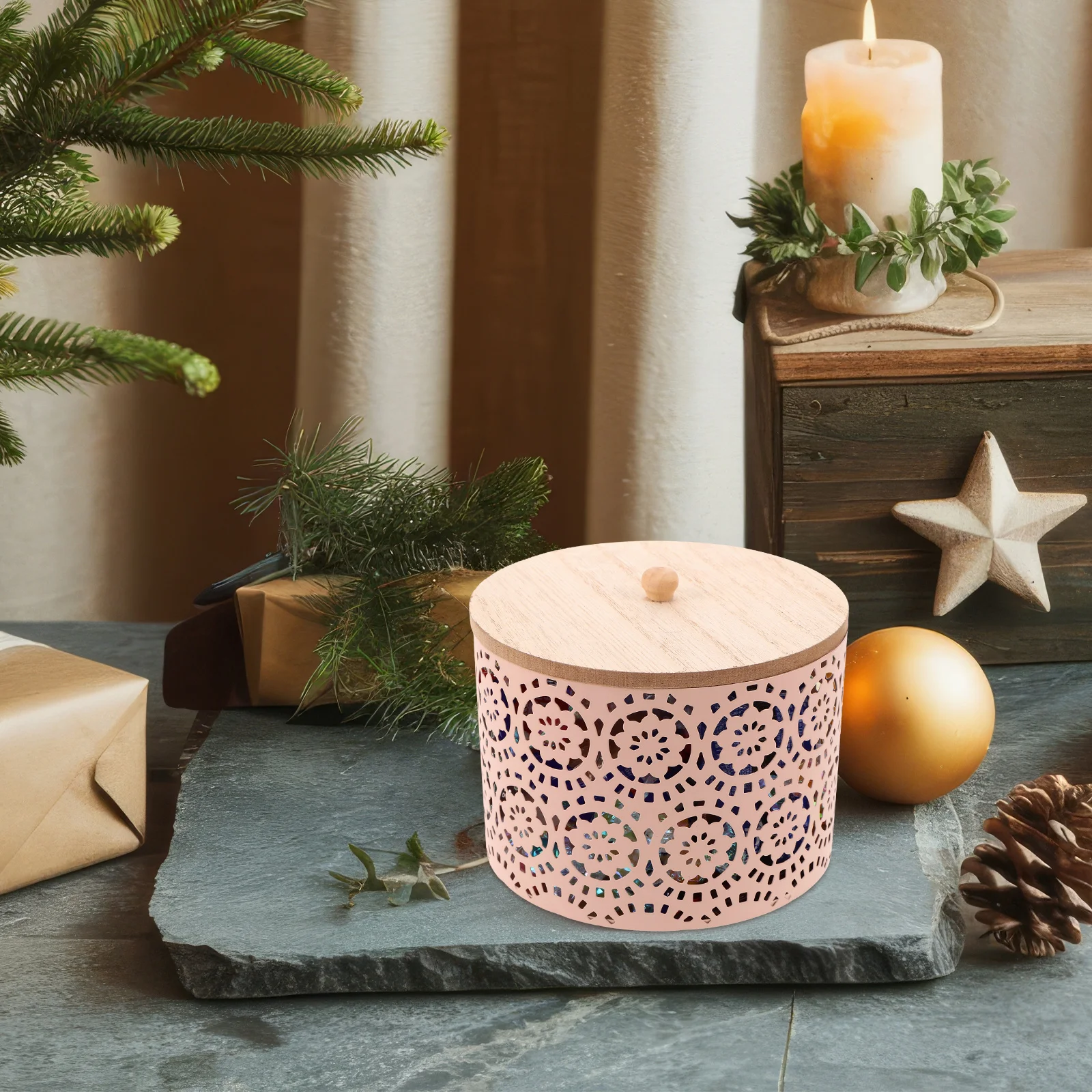 

Hollow Metal Storage Jar Wooden Lid Snack Biscuit Candy Container Kitchen Pantry Organizer Home Office Decor Storage Tin