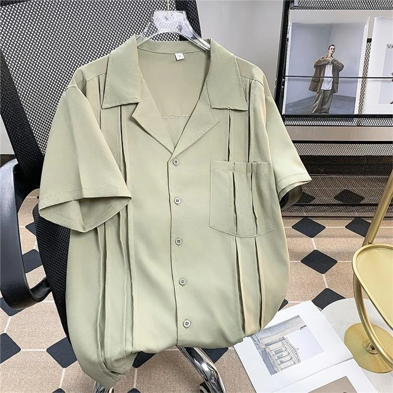 

Мужская рубашка свободного кроя с кубинским воротником и коротким рукавом, весенняя модная повседневная верхняя одежда, свободная рубашка-куртка средней длины рукава