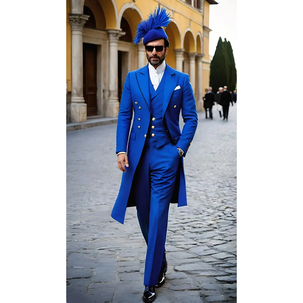 

Модный повседневный костюм, классический синий мужской костюм из трех предметов, куртка, брюки, жилет, тонкая деловая официальная одежда, костюмы от кутюр