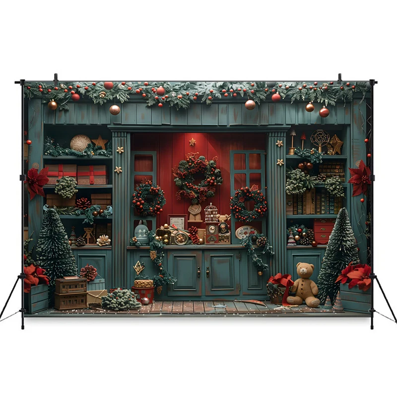 Mocsicka Christmas Photography Backdrop Green House Xmas Tree Gifts Decorations Family Children Photo Backgrounds Shooting Props