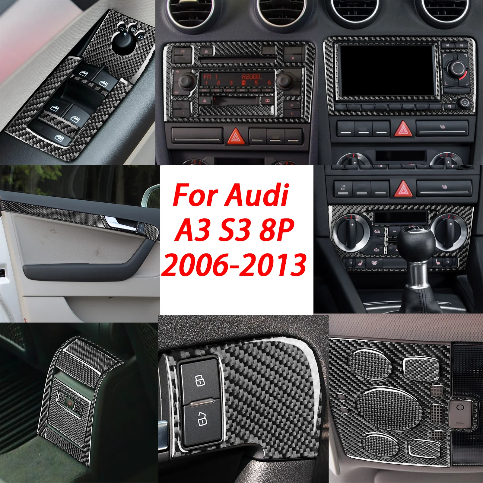 

For Audi A3 S3 8P 2006-2013Car Window Lift Switch Center Console Kit Gear Shift Cup Holder Panel Decoration Carbon Fiber Sticker