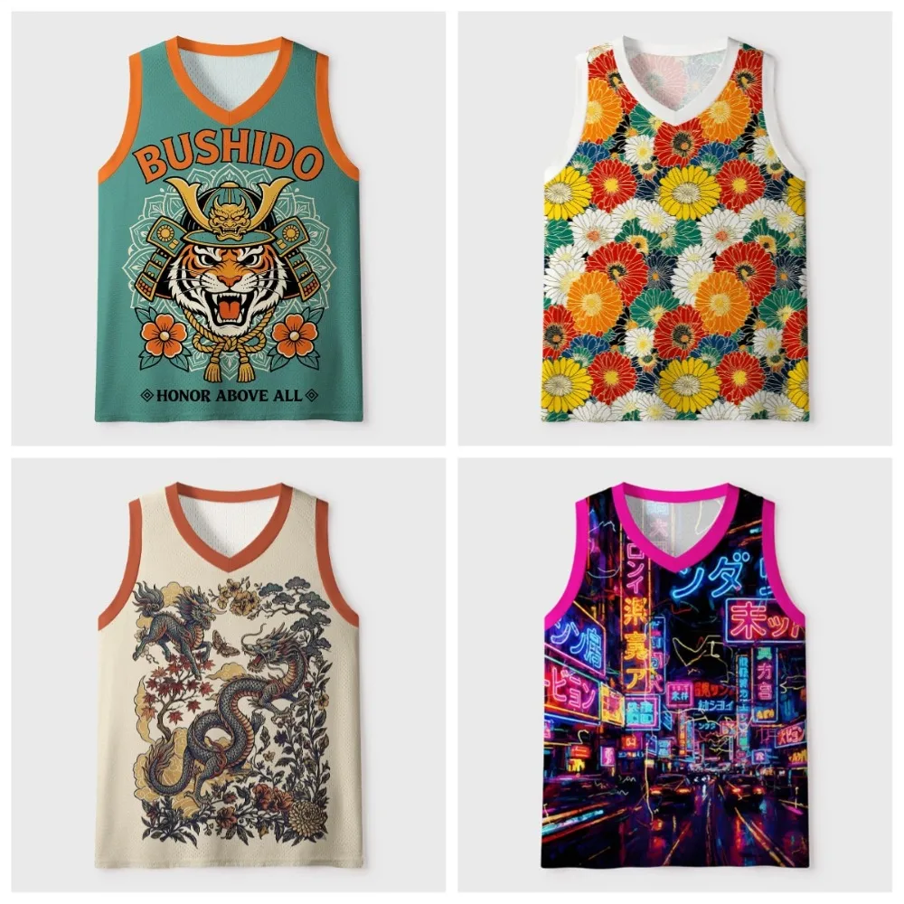 Bushido Tiger Pattern 3D Printing Men's V-Neck Vests - Casual Outdoor Sport with Breathable and Quick-Drying Streetwear Clothing