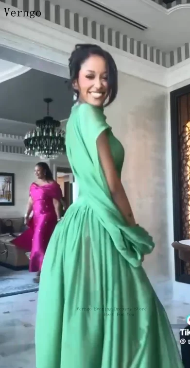 

Verngo Dark Green Shiny Evening Dress One Shoulder A Line Pleated Formal Occasion Dress Shawl Prom Party Dress Customized