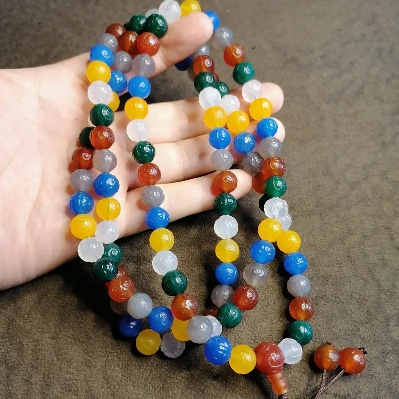 Antique -Colored - Ruyi Pattern 108 Bead Buddhist Multi-Treasure Agate Necklace
