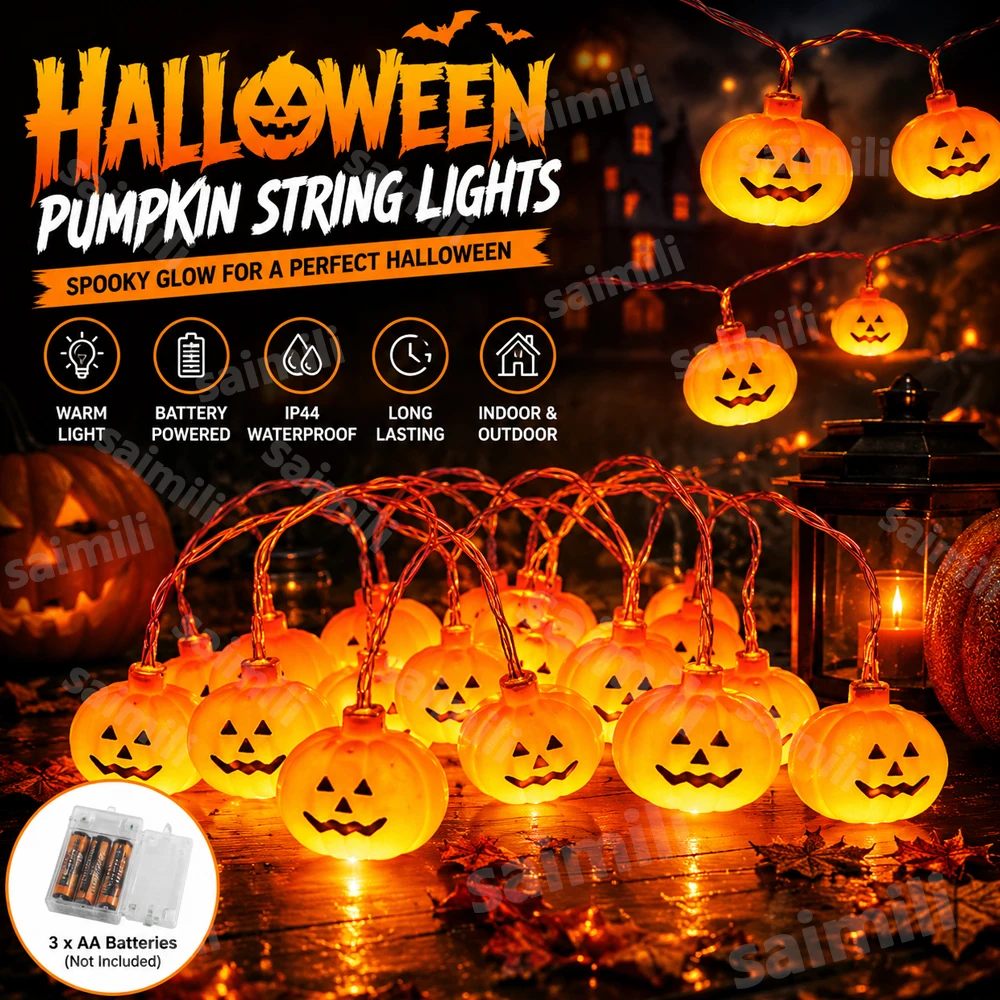 3D Pumpkin LED String Lights Battery Powered Halloween Party Decor Lamp For Bedroom,Courtyard,Bar Holiday Atmosphere Ornament