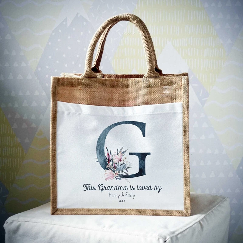 

Personalised name & initial Canvas linen tote bag This Grandma Is Loved By Mother's Day Birthday Gift Reusable Shopping Tote Bag