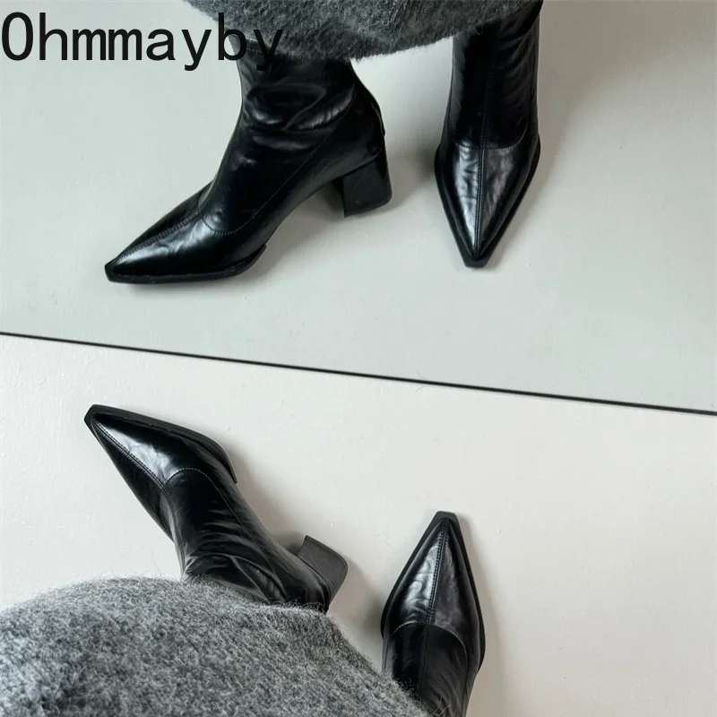 Designer Soft Leather Women Ankle Boots Sexy Pointed Toe Short Booties Stripper Square Heels Shoes