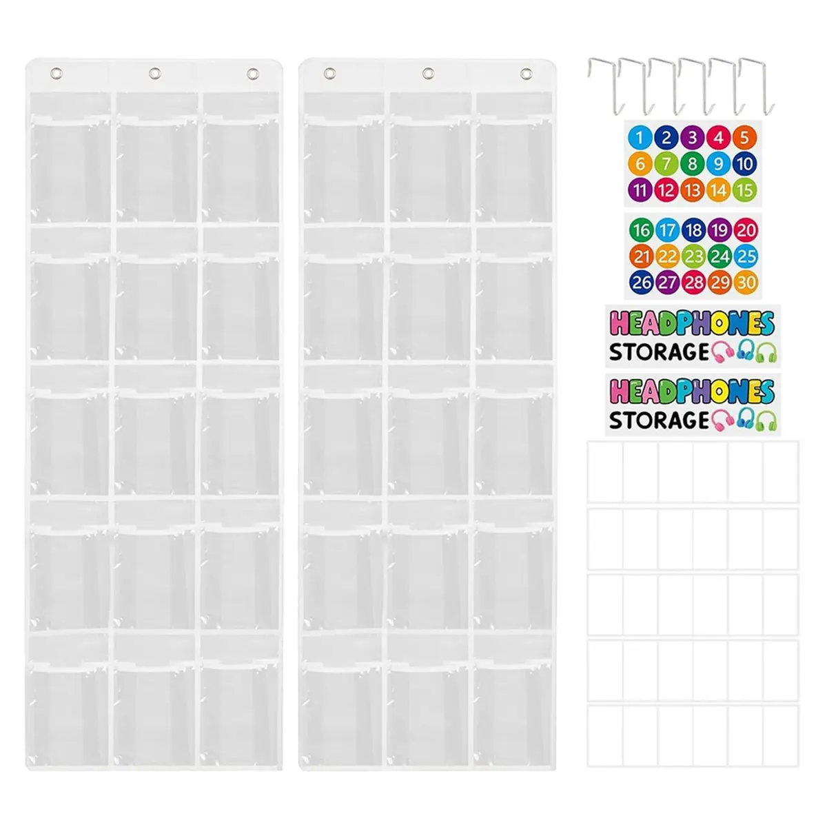 Fits for 2 Pack Classroom Headphone Storage Organizer with 30 Pockets, PVC Clear Classroom Pocket Chart for Headphone Cell Phone