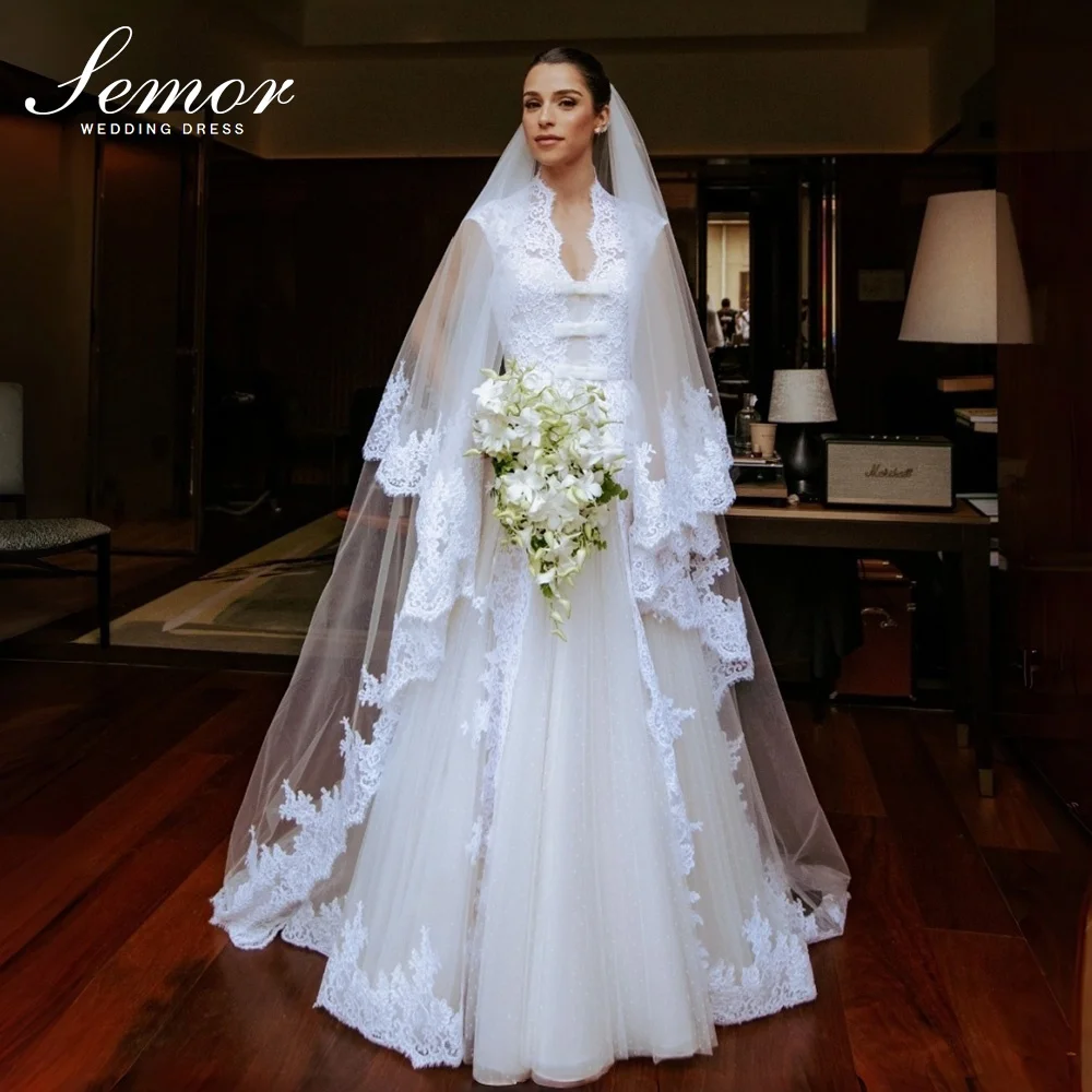 Semor Customized Lace A‑Line Wedding Dress 2026 V Neck Sleeveless Tulle Bridal Gown Bow Tie Detail Button Back vestidos de novia