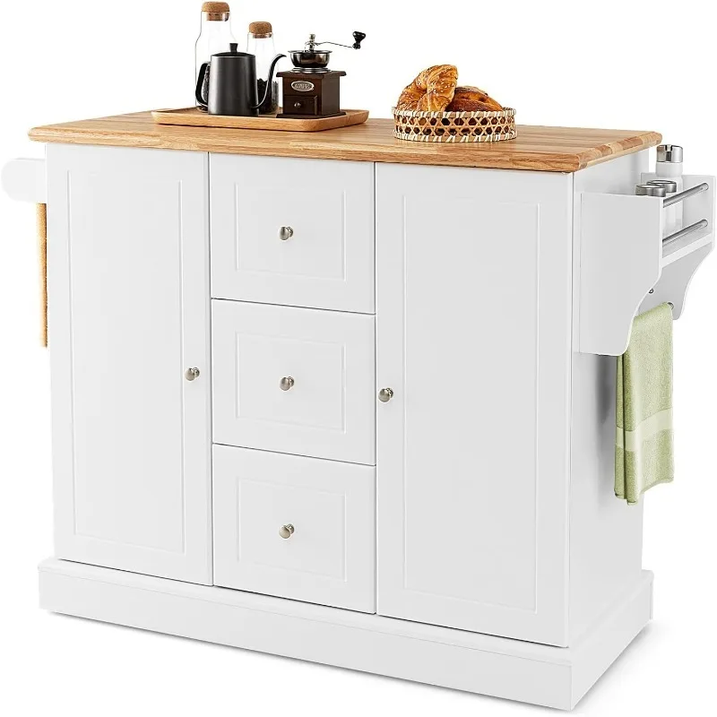 

Mobile Kitchen Island, Kitchen Cart on Hidden Wheels, Rubber Wood Countertop,Adjustable Shelves, Side Towel Bar and Spice Rack