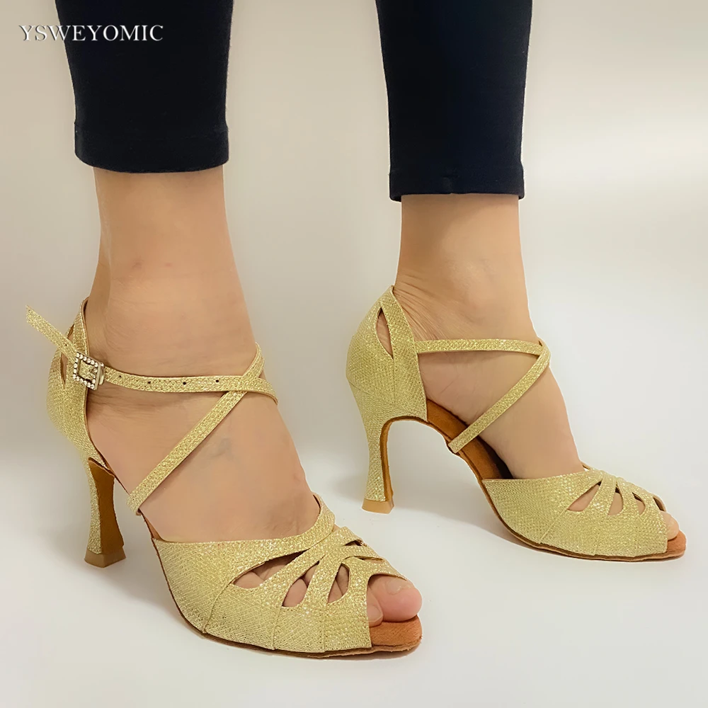 YSWEYOMICE Dance Shoes Gold Glitter Soft Insole Suede Leather cuban Heel 4inch 3.5inch Different Heels Customized Latin Shoes