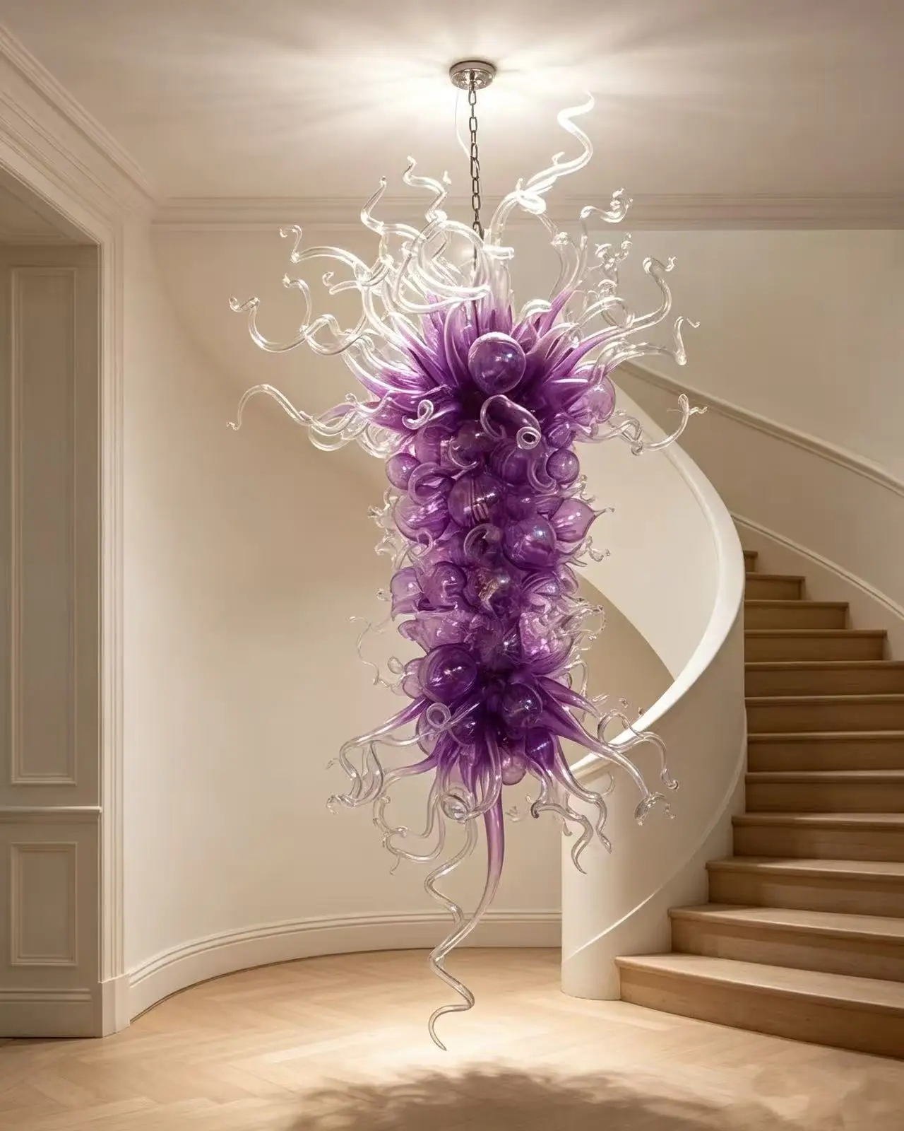 Modern LED Hand Blown Glass Chandelier Purple or Pink Lighting Pendant Lamps for Home Decor