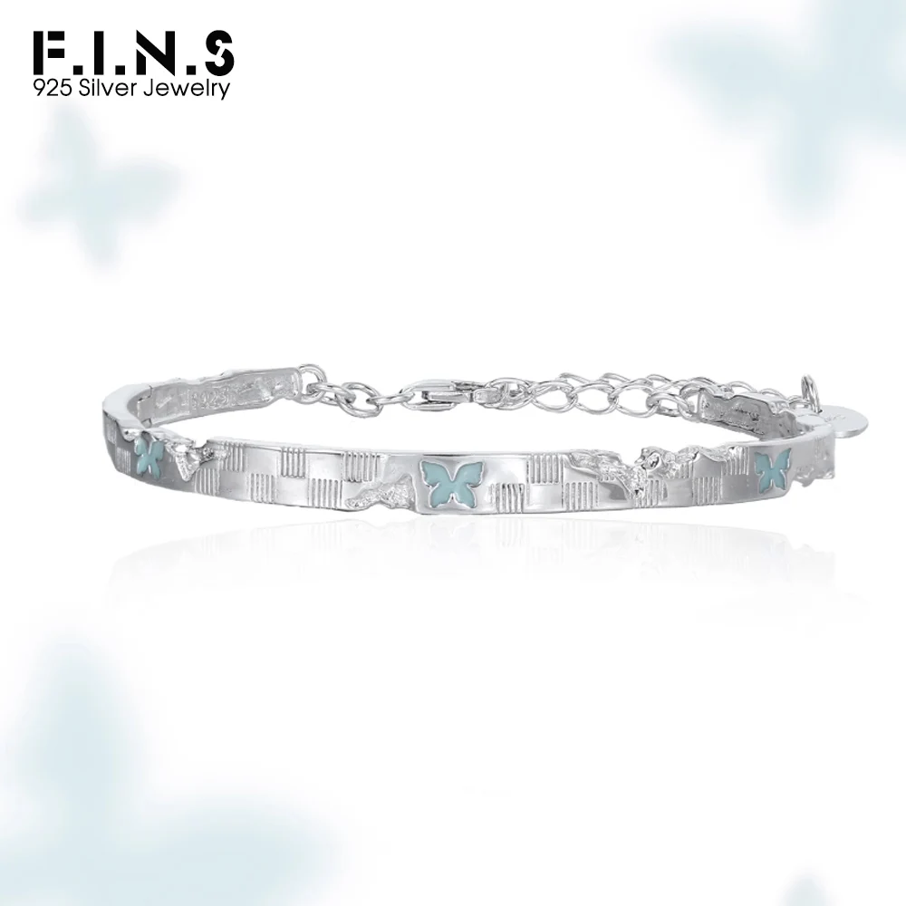

F.I.N.S Original Checkerboard S925 Sterling Silver Bracelet Women Blue Drip Glue Butterfly Ajustable Hand Fine Jewelry Gifts