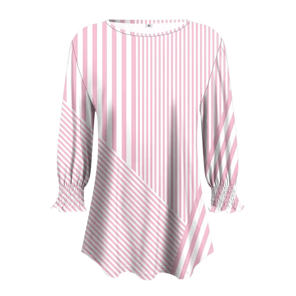 

Ladies Casual Shirt Round Neck Puffy 3/4 Sleeve Blouses With Cuff T Shirt Top Vintage Loose Breathable Blouses Midi Shirt
