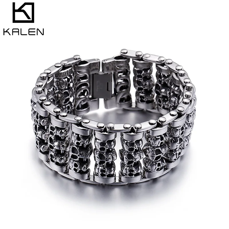 KALEN Punk 316 Stainless Steel Multiple Skull Heads Charm Bracelets For Men Biker Hand Chain Bracelet Drop Shipping Jewelry