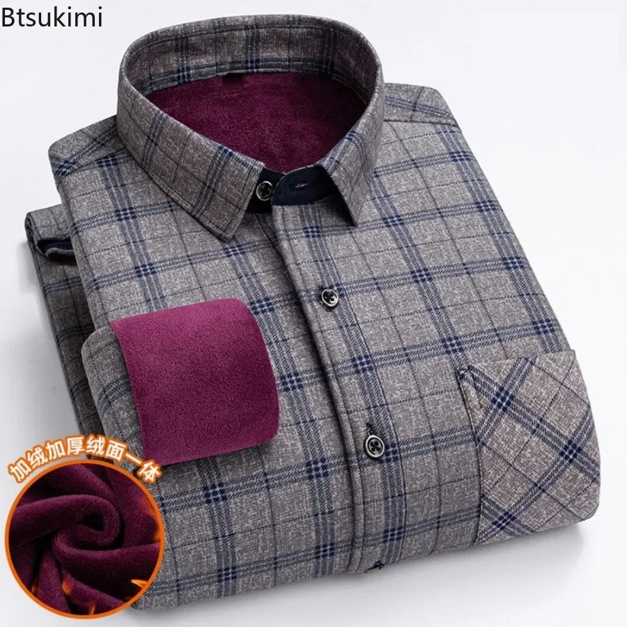 2024 Men's Casual Warm Flannel Shirts Top Autumn Winter Long Sleeve Plaid Shirt Thick Fleece Lined Soft Warm Dress Shirt L-5XL