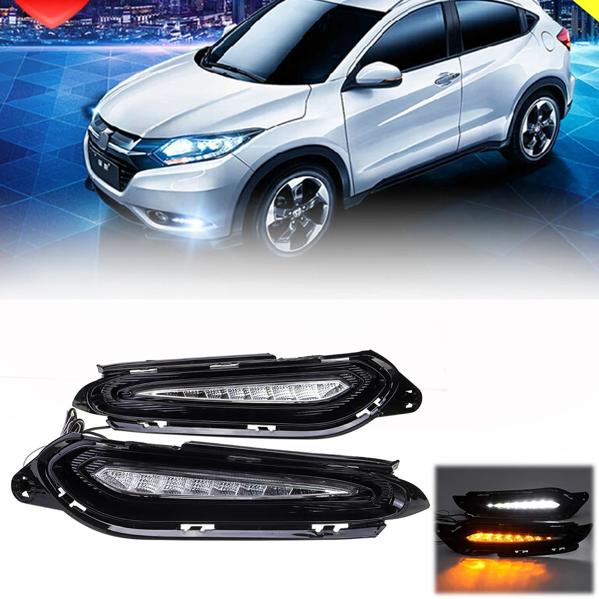 2pcs LED DRL Daytime Running Lights Driving Lamps Turn Signal Fuction For Honda HRV HR-V 2015-2018 Car Styling White Amber