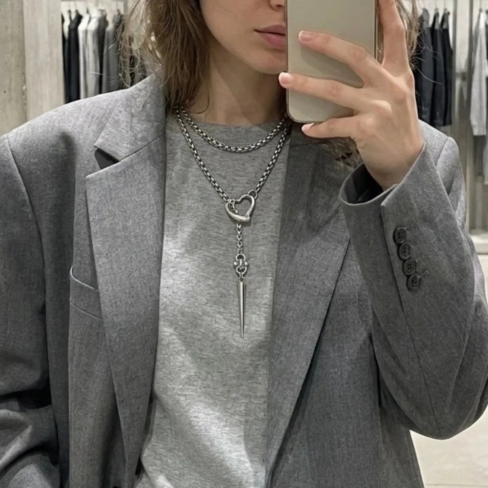 Alloy Heart Spike Pendant Necklace Heart-Shaped Lock Pointed Cone Pendant Y‑Shaped Tassel Choker Anti-Slip O-Ring Clasp