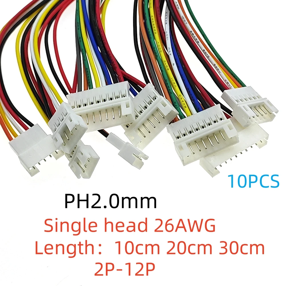 10PCS Mini Micro JST 2.0 PH Female Connector 2/3/4/5/6/7/8/9/10-Pin Plug with Terminal Wires Cables 100mm 200MM 300mm 26AWG