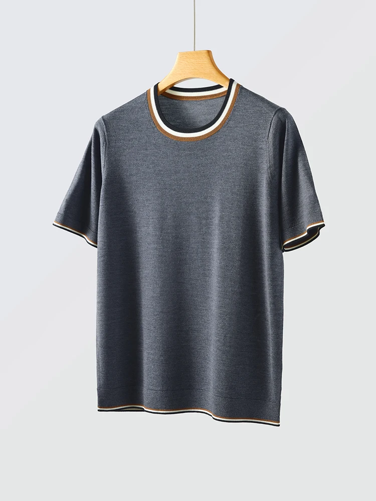 100% Merino Wool Men O-neck Sweater Short Sleeve Pullovers Spring Summer Color Block Smart Casual Cashmere T-shirt Knitwear Tops