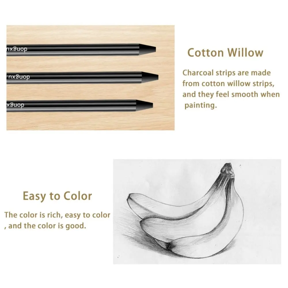Lápis de carvão preto durável solúvel em água, Soft Medium Hard Charcoal Stick, Pacote misto, Esboço fácil de colorir, 6pcs