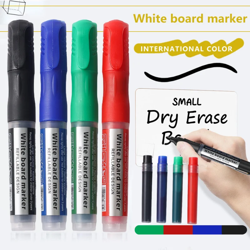 

Refillable Whiteboard Markers Set 2 Pens 10 Ink Refills 2mm Tip Dry Erase School Office Erasable Pens in Black Blue Green Red