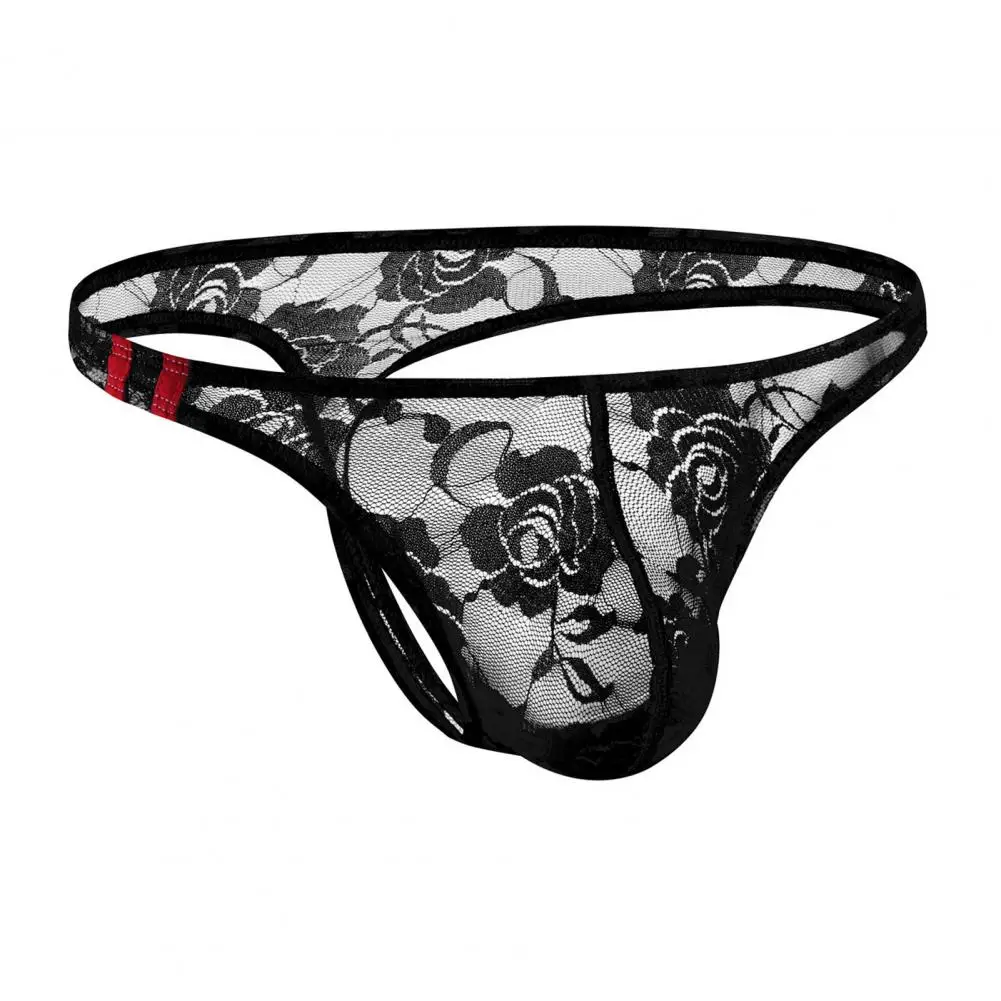 Men Thong Low Waist See-through Embroidery Lace Flower Pattern Briefs Breathable Soft Stretch Slim Fit Underwear Honeymoon Valen
