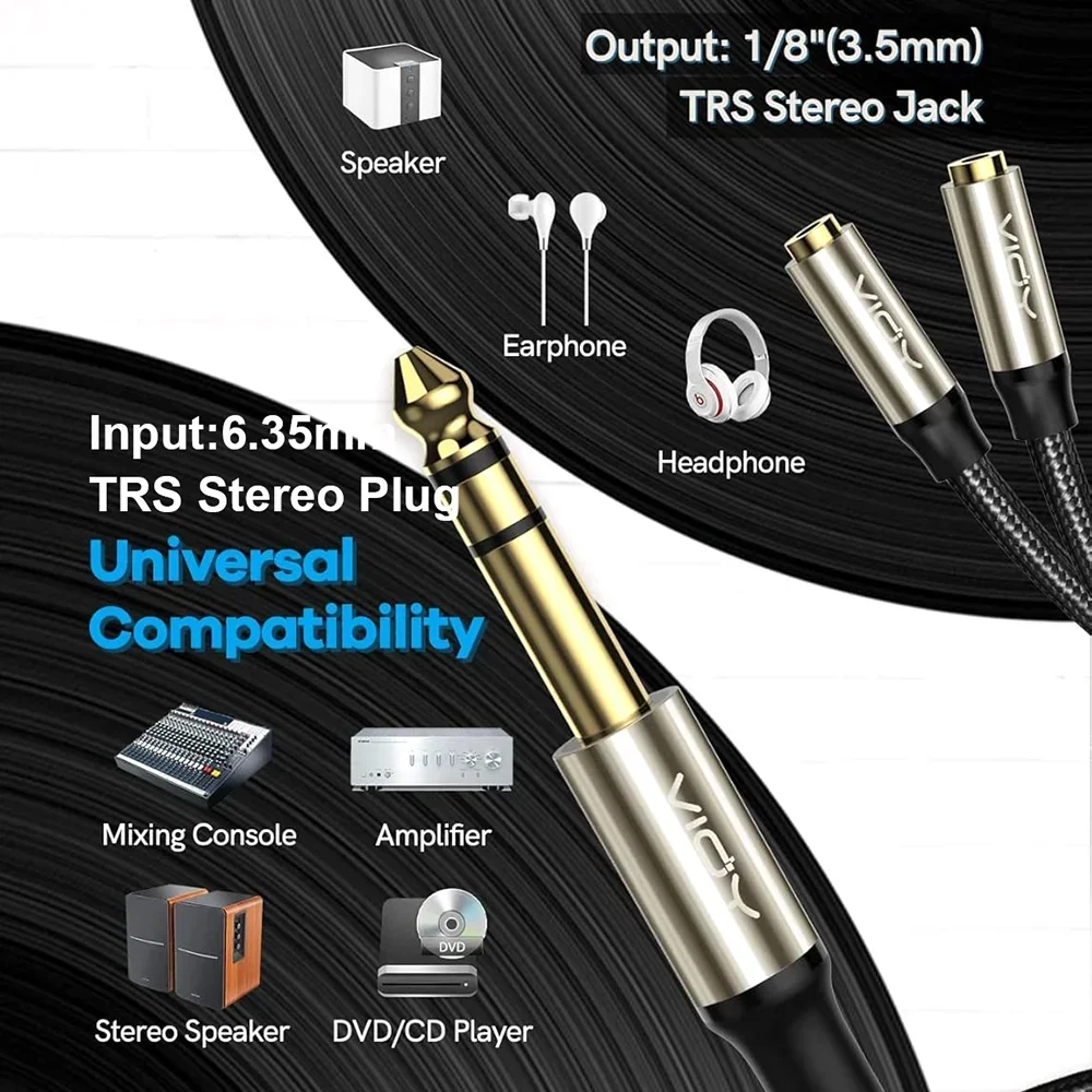 6.35 To 3.5 Audio Extension Cable 1/4 TRS Male To Dual 1/8 Female Y-Splitter Cable for Amplifier Guitar Amp Keyboard Piano Mixer