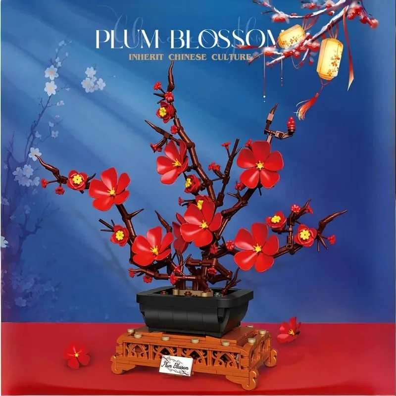 

669PCS Oriental Style Red Plum Blossom Potted Plant Building Blocks Set, DIY Ornament & Decoration, Holiday and Birthday Gift