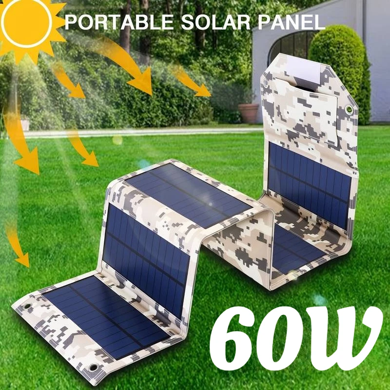 60W Solar Charger Panels, 6 Solar Charger with 3 Interfaces, Fast Charing for Smartphones, Tablets, Flashlight, Portable Folding Solar Panels, Monocrystalline Power Bank Suitable for Camping, Traveling, Cycling, And RV, 34Inch