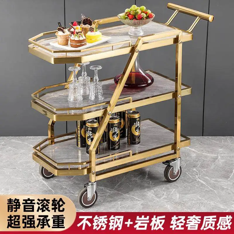 Light luxury restaurant service cart Stainless steel rock slab three-layer trolley KTV dim sum snack solid wood dining cart