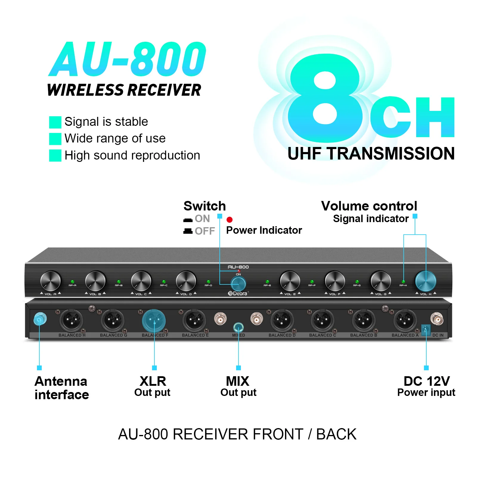 Audio AU800 UHF Wireless Microphone System 8 Channels Handheld or Lavalier Unlimited Microphone Suitable For Stage Conference