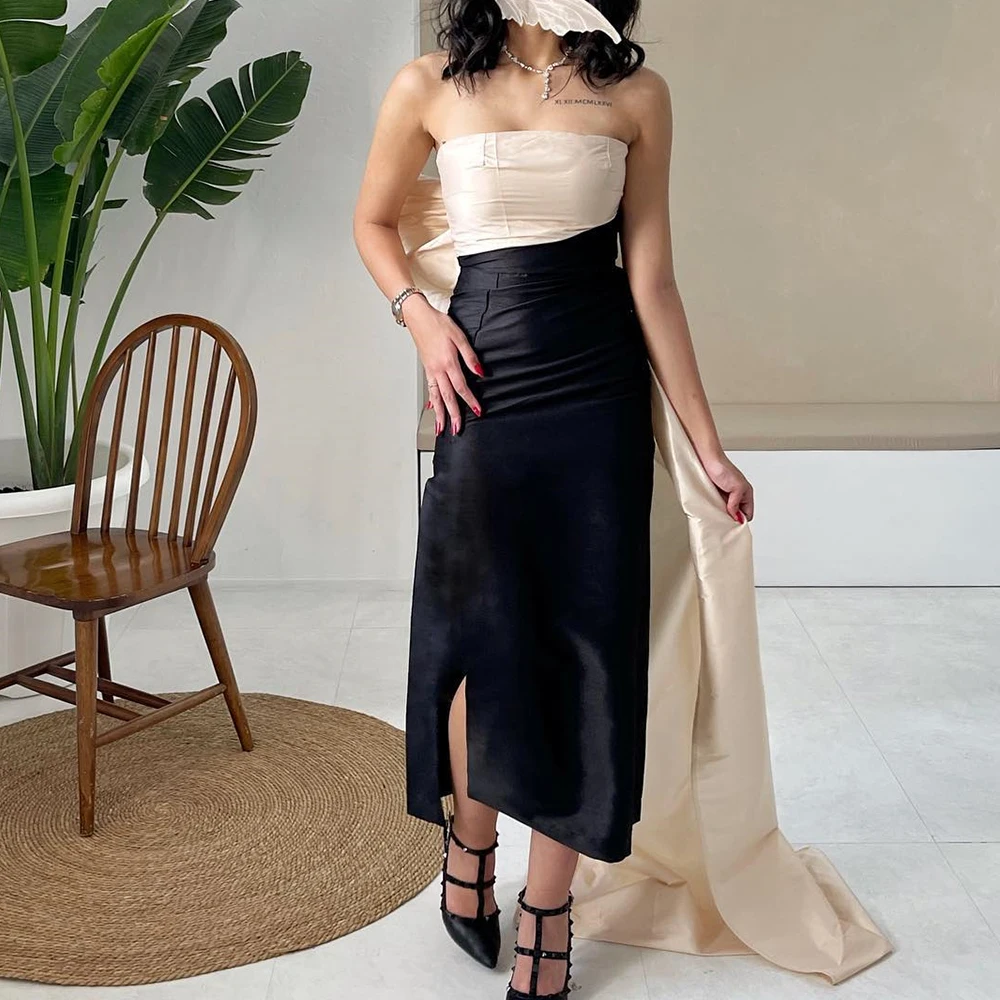 

Customized Exquisite Bow Satin Evening Dress Delicate Strapless Straight Sleeveless Tea Length Panel Train Vestidos De Fiesta