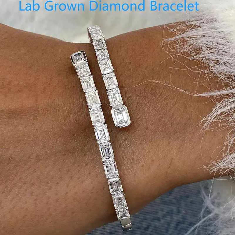 Emerald Cut CVD HPHT Lab-Created Diamond Bangle Bracelet 6.88ctw EF VS 14K White Gold Wedding Bracelet For Women