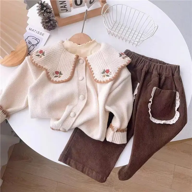 Baby Girls Sweater Fashion Petals Collar Knitted Cardigan Knitwear Children Embroidery Coat Princess Girls Autumn Winter Sweater