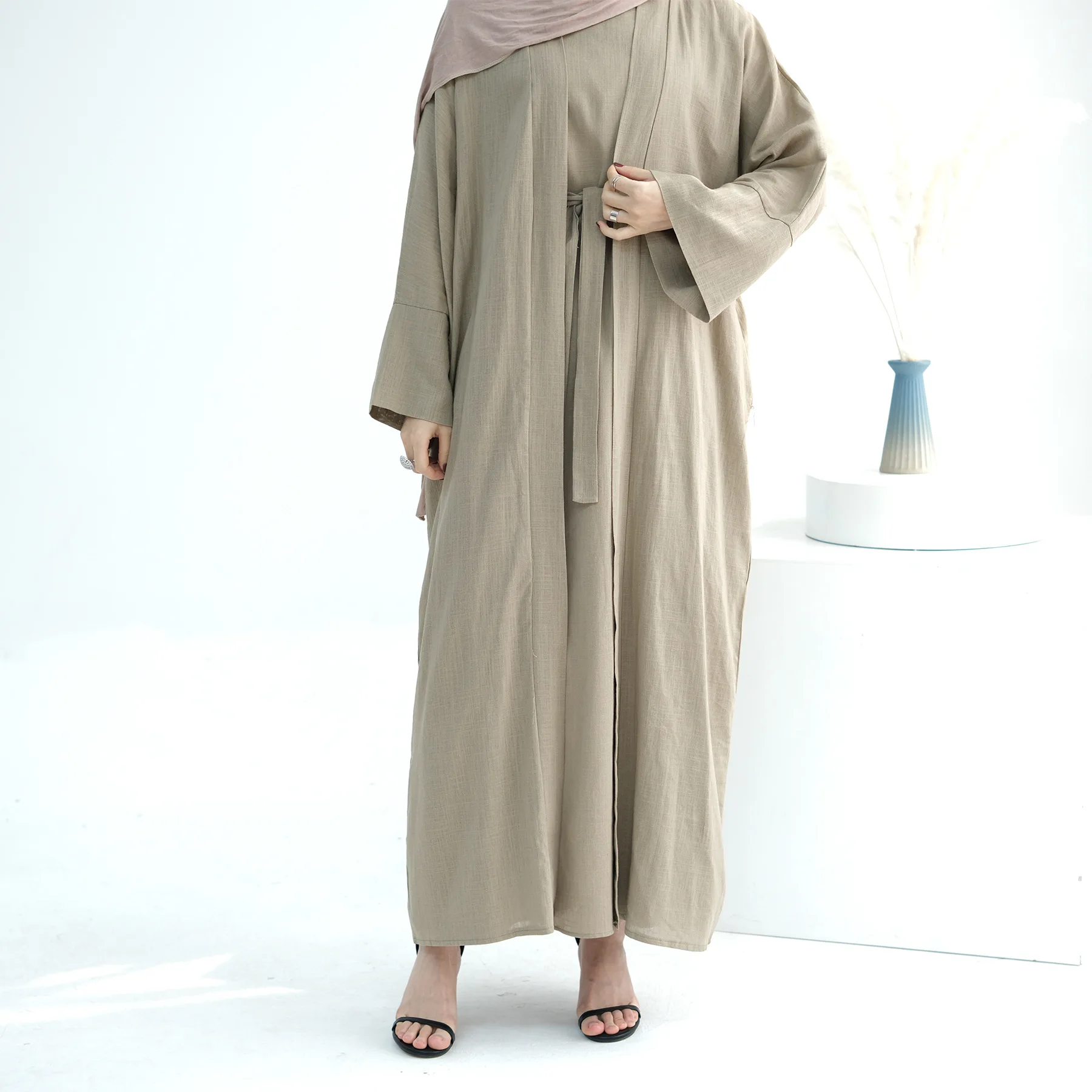 Linen Abaya Sets for Women 2 Piece Kimono with Inner Dress Matching Outfit Muslim Set Abayas Dubai Turkey Ramadan Islam Clothes