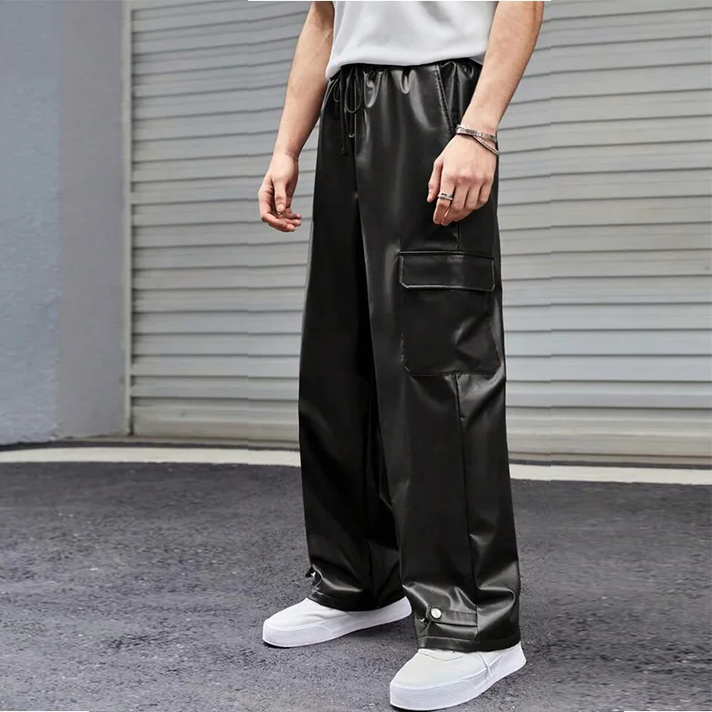 Men\'s Casual Leather Cargo Wide Leg Pants Moto Biker Trousers Hip Hop Trousers Nightclub Party Dance Pants Fashion New 2024