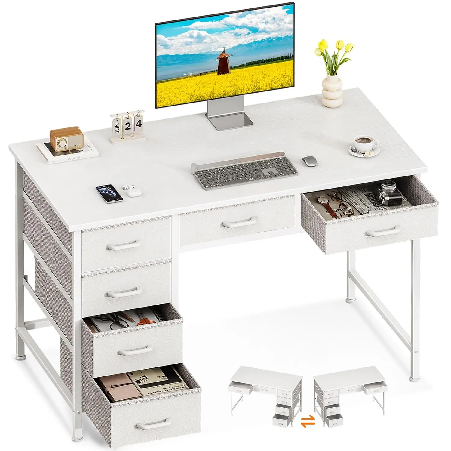 40 Inch White Computer Desk with 6 Drawers, Small Space Saving Home Office Study Table, Customized