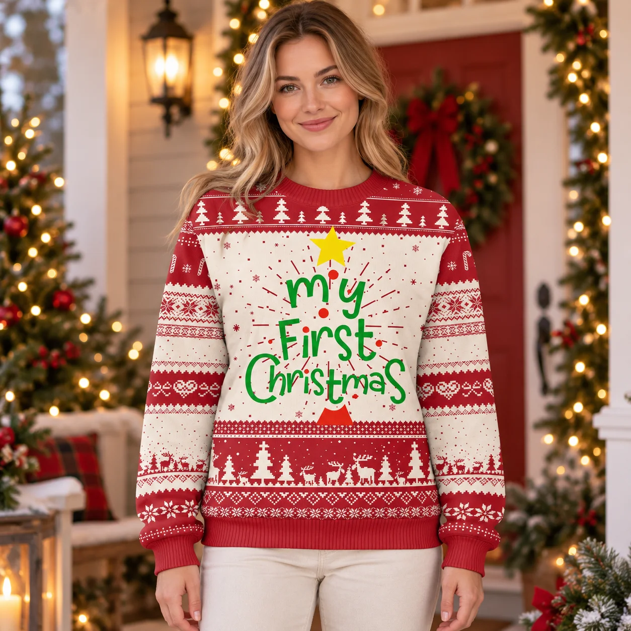 New Festive Couple Looks Start with an Ugly Christmas Sweater Graphic Crewneck Sweaters for Family Parties and Winter Photos
