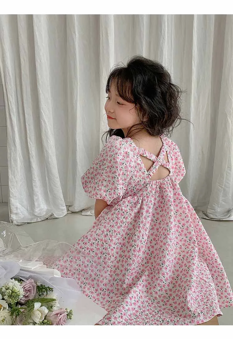 Girls Casual Dresses Floral Print Puffy Sleeves Dress Flower Girl Dresses Square Collar Clothes for Kids 3 To 7 Years