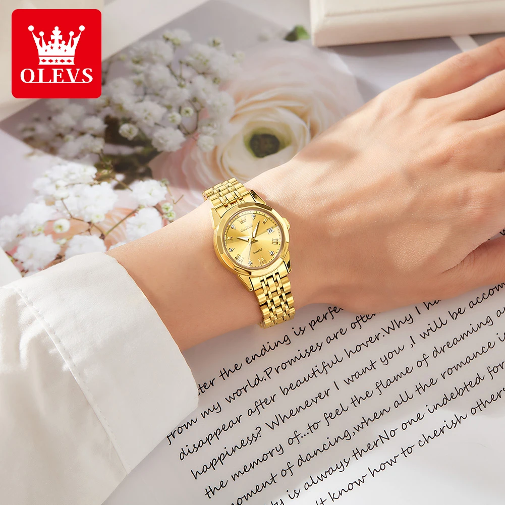 OLEVS Luxury Original Brand Women Watch Gold Stainless Steel Strap Quartz Watch Waterproof Prismatic Mirror Surface Female Watch