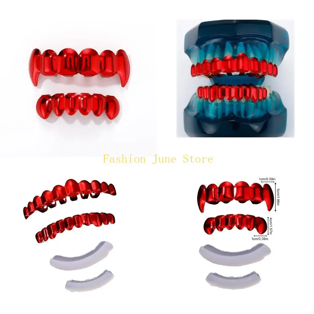 N5KA Red Metallic Tooth Covers with Fitting Bars for Party and Cosplay Styling