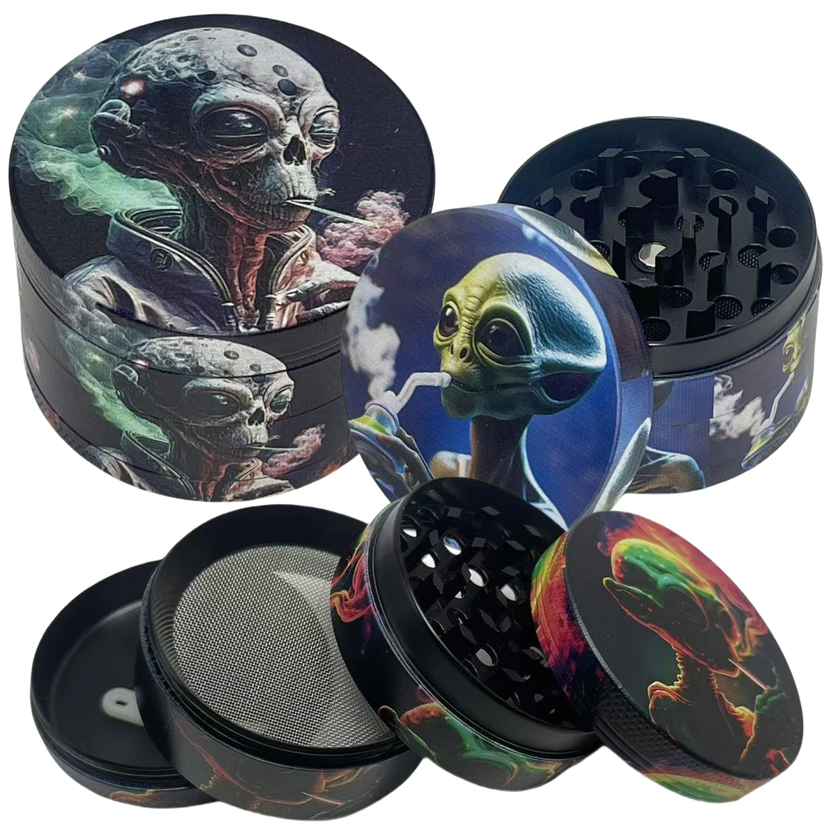 50mm Metal Alien Herb Grinder 4-Layers Spice Mill Salt Mortar Raw Grass Tobacco Grinder Cigarette Tool Smoking Accessories Gift