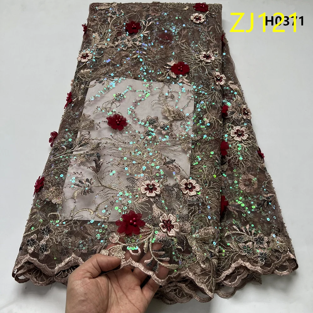 

Latest 2026 African Nigerian High Quality With Tulle Sewing Lace Fabric Guipure Embroidery Dresses Sequins Beads 5Yards ZJ121