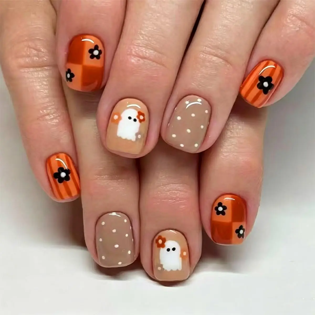 Halloween Almond Press on Nails Cute Ghost Checkerboard Brown Fake Nails Halloween Press on Nails Halloween Spider False Nails