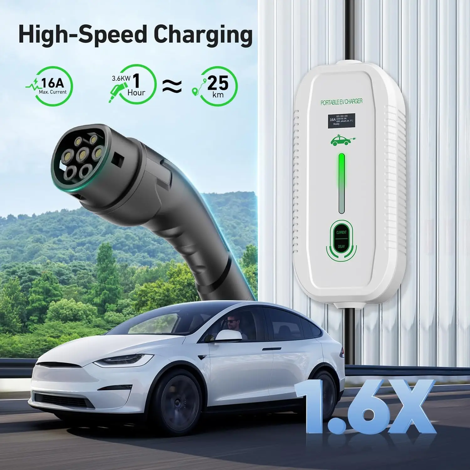 Electric car charging cable Type 2 Schuko Schuko 3.68kw, 1-phase EV Charger 6 meters with controllable digital display