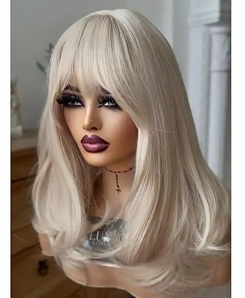 White Wig 13X4 HD Natural Straight Lace Front Wig With Bangs Synthetic Lace Frontal Wig Glueless Heat Resistant Cosplay On Sale
